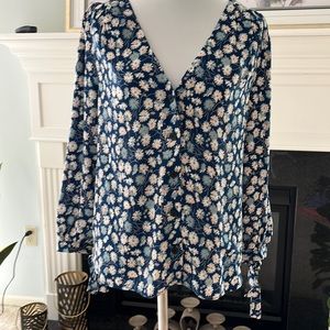 Navy blue blouse button down front with 3/4 sleeves.